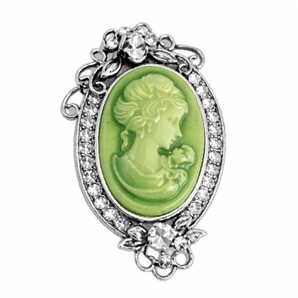 Green Cameo White Rhinestone Brooch Silver Tone Metal Accent Pin 2.25"